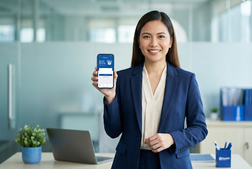 Professional woman holding smartphone with LoansBay app